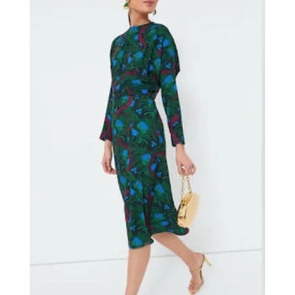 Tuckernuck Womens Serpentine Vines Bex Dress Belted Midi Green Blue Size Small